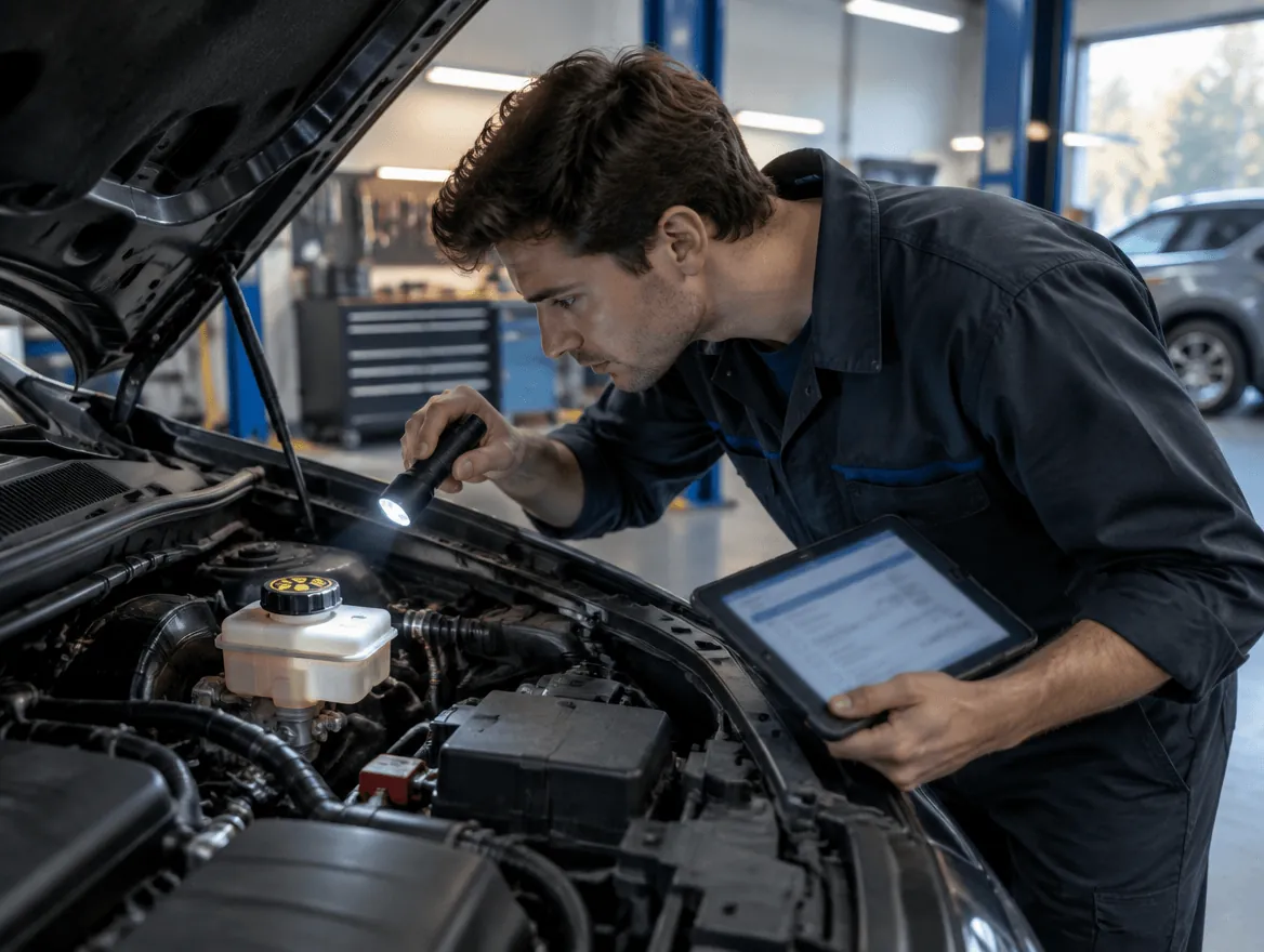 Mechaniker prüft den Motorraum